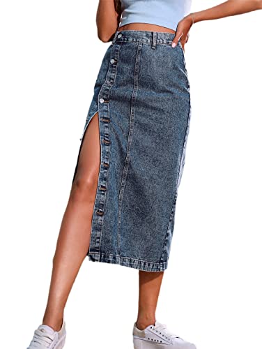 Jupe longue en jean avec boutons latéraux fentes irrégulières femme 34
