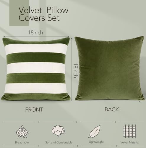 Image of Flutesan 2 Pack Velvet Stripes Throw Pillow Covers - 18x18 Inch Green and White Velvet Pillow Cover Decorative Modern Square Cushion Cases for Sofa Couch Bed Chair Living Room Decor