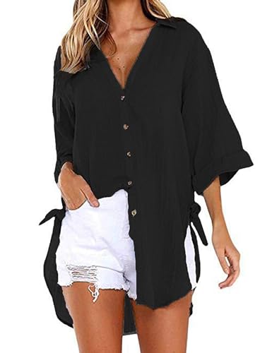 Image of Bozanly V Neck 3 /4 Sleeve Button Shirts Summer Beach Blouse Tops for Women