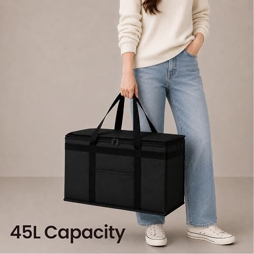 Image of Insulated Bags for Food Delivery (XL Plus) Grocery Shopping Cooler Bag, Pizza Delivery, Hot & Cold Catering Tote, Reusable, Foldable & Heavy Duty (Black)