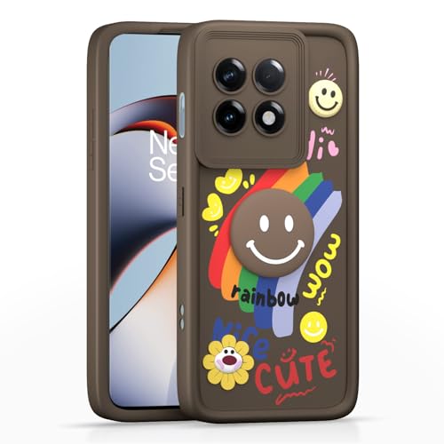Image of Pikkme Back Cover for OnePlus 11R 5G | Soft Silicone| Cute Rainbow Smile & 3D Cartoon Flower Design | Shockproof Raised Camera Protection Bumper Case (Brown)