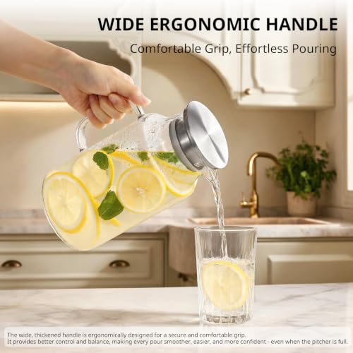 Image of Bivvclaz Short 67.6 oz Glass Pitcher with Lid and Handle, Glass Carafe for Hot /Cold Water, Iced Tea Pitcher for Coffee, Juice and Homemade Beverage