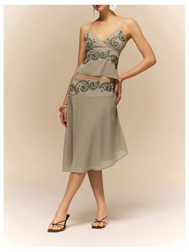 Milumia Women's Embroidery Asymmetrical Hem Skirt Elegant Low Waist Casual Midi Skirts2