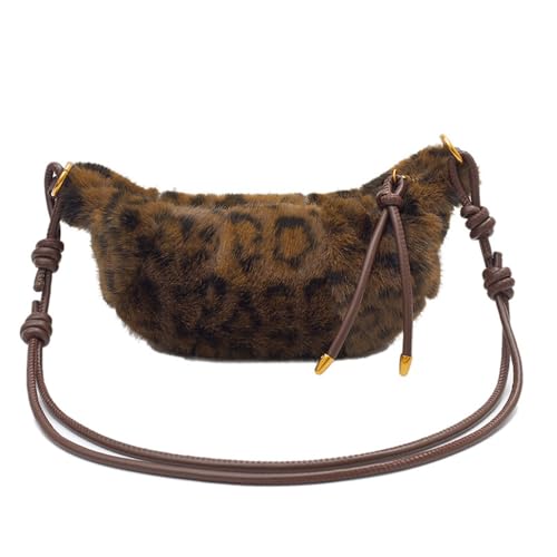 Image of Leopard Fluffy Sling Dumpling Bag Cheetah Print Fuzzy Furry Shoulder Crossbody Crescent Bag Leopard Plush Horn Bag