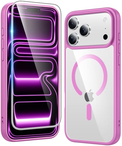 Image of FNTCASE for iPhone 17 Pro Case: Clear Magnetic Phone Cases with Screen Protector Compatible with Magsafe Slim Anti Yellowing Rugged Shockproof Protective Transparent Cell Phone Cover (B-Pink)