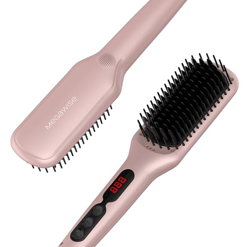 MEGAWISE Hair Straightener Brush, Ionic Ceramic Heated Hair Brush, Anti-Scald Hot Brush with Auto Shutoff, Dual Voltage, 360° Swivel Cord, for Frizzy Thick Medium Long Hair(Pink Gold)