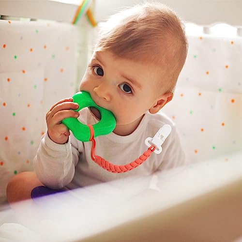 Image of 4-Pack Silicone Pacifier Clips with a Woven Rope Shape for Baby Boys and Girls - Flexible and Rust-Free Holders for Teething Relief and Baby Essentials, Safe for Newborns (Pink)