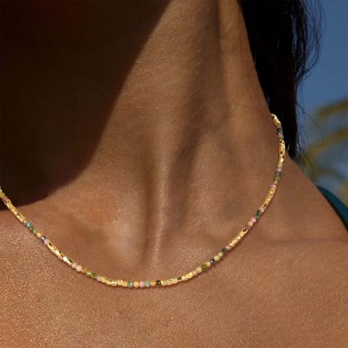 OSIANA Beaded Gemstone Choker Necklace for Women, 14K Gold Plated Natural Stone Beads, Geometric Boho Style Handmade Summer Jewelry2