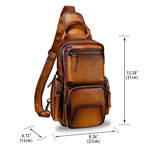 Ivtg Genuine Leather Sling Bag Crossbody Casual Hiking Daypack Vintage Handmade Chest Bag Shoulder Backpack Motorcycle Pack (Brown) #TOP3