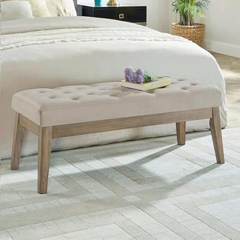 24KF Velvet Upholstered Tufted Bench with Solid Wood Leg,Ottoman with Padded Seat-Taupe Cover