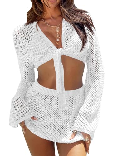 Fisoew Womens Crochet Swimsuit Coverups 2 Piece Bathing Suit Cover Up Long Sleeve Tie Front Crop Top Mini Skirt Sets