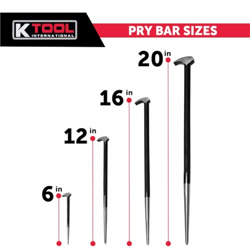 K Tool International 71600 4 Piece Pry Bar Set for Garages, Repair Shops, and DIY, Lady Slipper Style, Heavy Duty Heat Treated Steel, Rolling Head, Organizing Case, Includes Sizes 6", 12", 16", 20" - Image 6