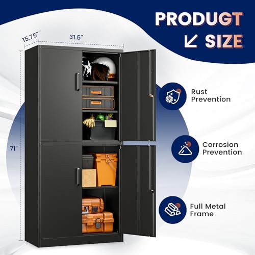 Image of Yizosh Metal Storage Locking Cabinet with 4 Doors and 2 Adjustable Shelves,71 inch Lockable Garage Tall Steel Cabinet,for Home Office,Living Room,Pantry,Gym,Commercial Storage (Black)