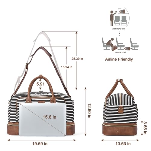 CLUCI Duffle Bag Weekender Bags for Women Canvas Anti Theft Travel Bag for Women Overnight Tote Carry On Bags with Shoe Compartment Stripes with Brown3