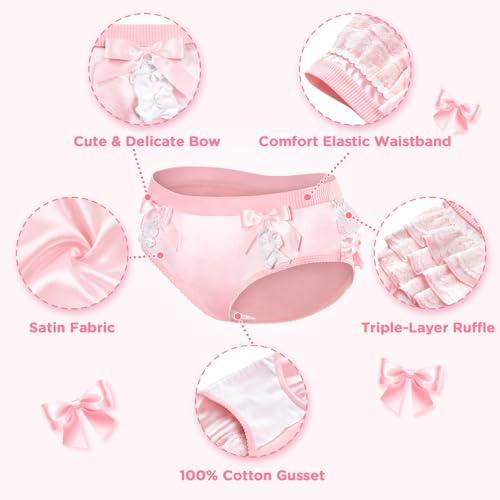 Littleforbig Women's Ladies Soft Underwear Comfortable Hipster Briefs Pretty Satin Over Ruffled Lace Bow Panties4