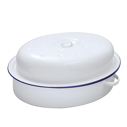 Bargain Crown 30cm White Enamel Oval Roaster Dish with Lid – Heavy-Duty Roasting, Casserole & Baking Pan – Vintage White with Blue Rim – Self-Basting, Oven to Table Serving Dish
