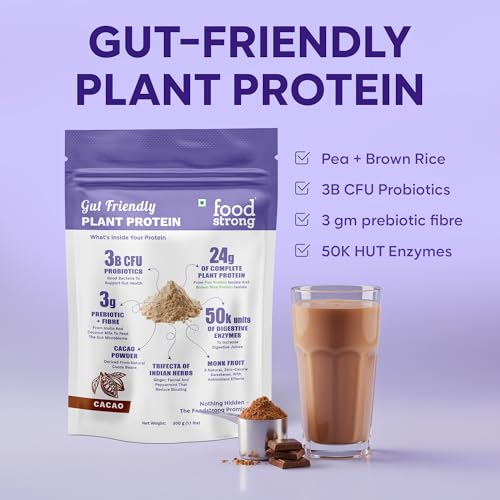 Image of Foodstrong Gut Friendly Plant Protein - Chocolate (Cacao) | 24g Complete Plant Protein with Probiotics, Digestive Enzymes, Prebiotics & Indian Herbs | Vegan | No Sugar | 500g