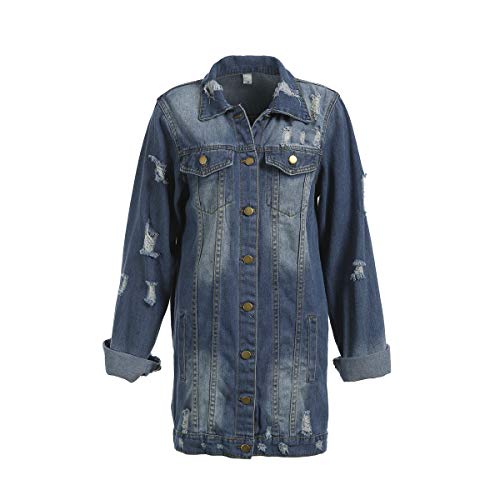 Oversize Denim Jacket for Women Ripped Jean Jacket Boyfriend Long Sleeve Coat (Blue , Small )
