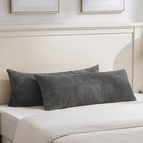 Image of Fancy Homi Set of 2 Dark Gray Boho Long Lumbar Body Decorative Throw Pillow Cover 14x36 Inch for Bed Couch Bedroom Bench, Soft Patchwork Corduroy Textured Pillow Case, Rustic Farmhouse Room Decor