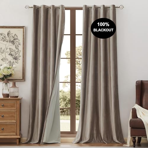 BULBUL 100% Blackout Velvet Curtains for Living Room 2 Panels, Tqupe Beige Ivory 108 inch Long Double Layered Room Darkening Curtains Heavy Thermal Insulated Grommet Window Drapes by BULBUL - Used condition - US$32.82