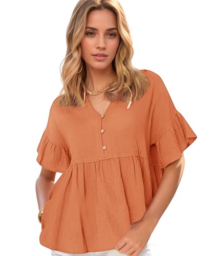 Jenbou V Neck T Shirts for Women Button Down Short Sleeve Tops Ruffle Tiered Loose Fit Peplum Tops