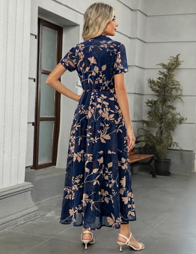 Image of Kranda Women 2026 Summer Collared V Neck Short Sleeve Button Down Chiffon Long Tiered Floral Maxi Dress with Pockets