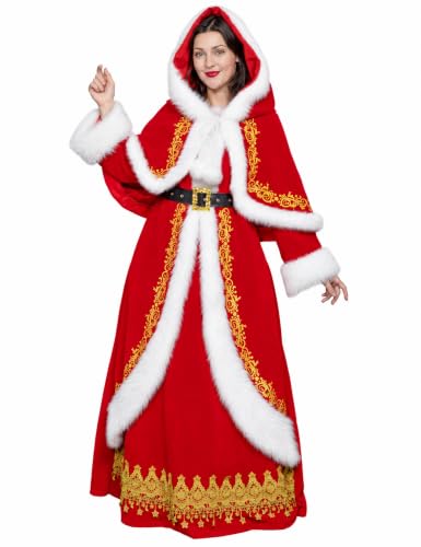 Halfjuly Mrs Claus Costume for Women 3PCS Adult Miss Santa Clause Dress Plus Size Outfit Suit Christmas with Hooded Cape Belt L