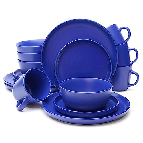 Müllerheim 903 Collection 16-Piece Contemporary Ceramic Stoneware Everyday Dinnerware Set, Matte Blue, Service For 4, Dishwasher And Microwave Safe, Lead-Free, Dinner Plates, Salad Dish, Bowls, Mugs #TOP1