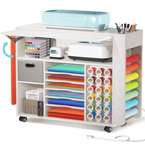 Image of Craft Organizers and Storage Cart with Extendable Desktop and Power Outlet, Compatible with Cricut Maker, Craft Table with Drawer & Vinyl Roll Holders, Craft Cabinet Workstation
