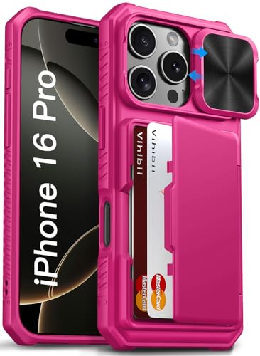 Image of Vihibii for iPhone 16 Pro Case Wallet with Card Holder (4 Cards) [RFID Blocking] & Slide Camera Cover & Raised Edges Protect Screen, Shockproof Rugged Phone Cover for iPhone 16 Pro 5G 6.3 inch 2024, Pink