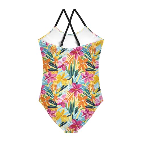 senya Girls Swimsuits One-Piece Swimwear Tie Bathing Suit Beach Summer Round Neck 5-6T Tropical Multicolor Flowers Pattern2
