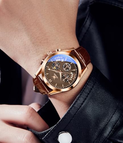 Image of OLEVS Watches for Men Original Analog Quartz Stylish Brown Leather Luxury Business Chronograph Waterproof Date Mens Wrist Watch