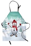 Ambesonne Christmas Apron, Snow Covered Mountain Fir Trees and Skiing Snowman Fun Holiday Activity,...