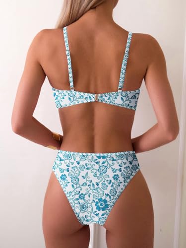 Image of Fanuerg Women's Triangle Bikini Sets O Ring Linked Two Piece Swimsuits Floral Printed Cheeky Bathing Suit