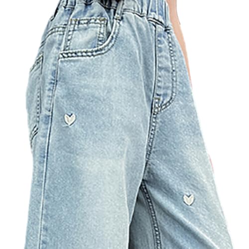 Tween Girls Baggy Jeans-Elastic Waistband Wide Leg Denim Pants with Heart Embroidery, Streetwear for Girls4