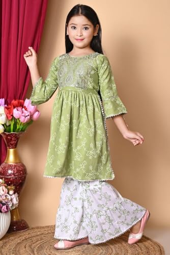 Image of Nfashion Kids Ethnic Wear Cotton Floral Printed Angrakha Kurta Sharara Set For Girls