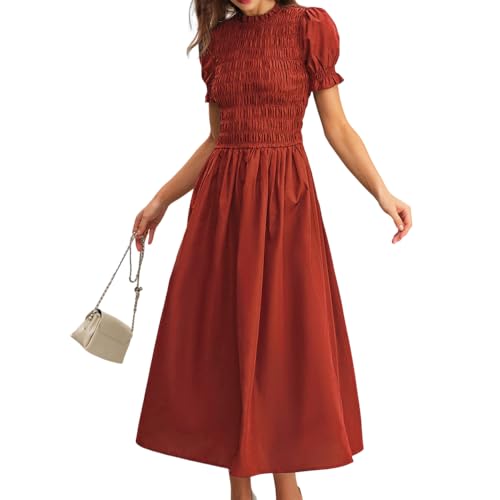 RIHOAS Womens Shirred A-Line Midi Dress Summer Dresses Boho Beach