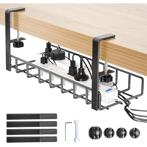 Under Desk Cable Management Tray 1 Pack, Xpatee Upgraded Wire Management No Drill, Cable Tray with Clamp for Desk Wire Management, Computer Cable Rack for Office, Home - No Damage to Desk (black) Cover