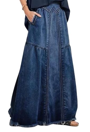 utcoco Women's Maxi Denim Skirt Retro Elastic High Waist A-Line Frayed Hem Hippie Long Jean Skirts