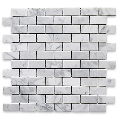 Stone Center Online Carrara White Marble 1x2 Medium Brick Mosaic Tile Polished Kitchen Bath Wall Floor Backsplash Shower (1 Sheet)