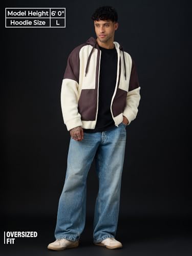 Image of The Souled Store: Berry Clouds Men and Boys Long Sleeve Hooded Neck Off-White and Brown Colour-Block Polyester Polar Fleece Warm Fleece Zipper Oversized Hoodie