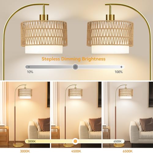 Image of ZECOXOL Boho Floor Lamps for Living Room Wood Floor Lamp with Remote Control,Dimmable Rattan Floor Lamps Farmhouse Gold Standing Lamp with 3 Color Temperature Tall Arc Floor Lamp for Bedroom Corner