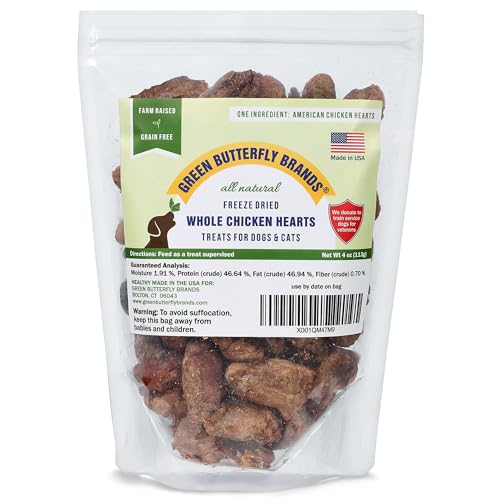Green Butterfly Brands Freeze Dried Chicken Heart Dog Treats Made In USA. All Natural Freeze-Dried Raw Snacks for Dogs and Cats. One Ingredient. High Protein. Heart Health. Irresistible Training Treat