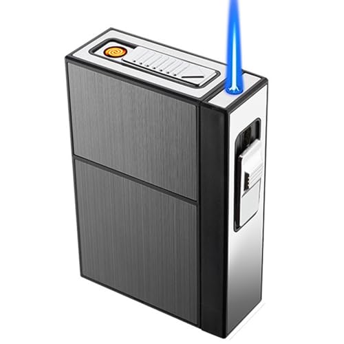 OLDENDO Cigarette Case with Lighter, Butane Torch Lighter USB Rechargeable Lighter 2 in 1, Cigarettes Box Holder for 20pcs 84mm King Size (Black)