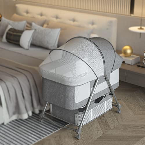 67i Baby Bassinet Portable Folding Rocking Bassinet for Baby 2-in-1 Rocking Cradle Quick-Fold Bassinet for Newborn Infant Crib Toddler Bassinet with Storage Basket and Travel Bag (Grey)