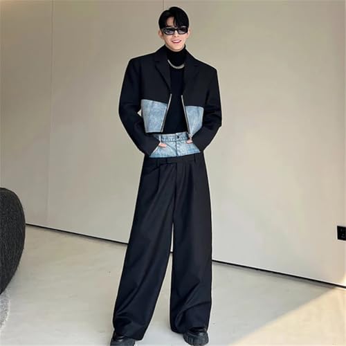 Mens Patchwork Short Cropped Denim Jackets And Wide Leg Pants Set Fashion 2 Pieces Suit3