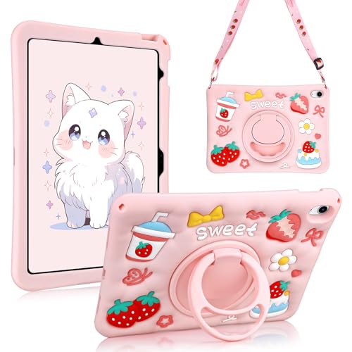 Case for iPad A16 11th Generation 2025 10th Generation Case 2022 for Kids Girls with 360 Degree Kickstand Shoulder Strap Pink Heavy Duty Shockproof Protective iPad 11 inch 10.9 inch Cover