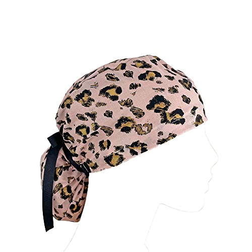 Ponytail Medical Scrub Cap – Gold Leopard On Pink