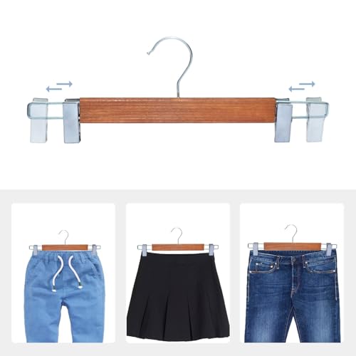 Image of BLOOMAX 12 Pcs Wooden Pant Hangers - Walnut Finish, 34 cm, Adjustable Chrome Clips, Non-Slip & Space Saving for Trouser, Skirt, Saree (Durable, Made in India)