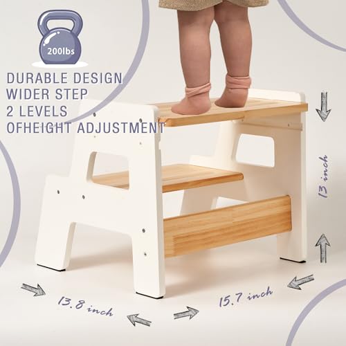 Image of Toddler Step Stool for Kids - Height Adjustable Non-Slip Wooden Step Stool for Bathroom Sink, Kitchen & Potty Training 2-Step - White